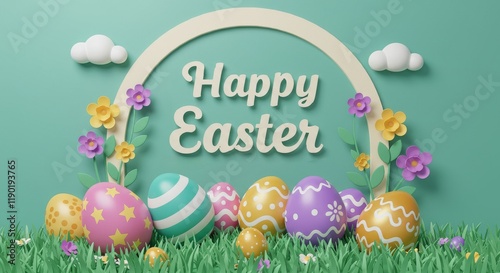 Happy Easter celebration with colorful eggs spring flowers and green grass