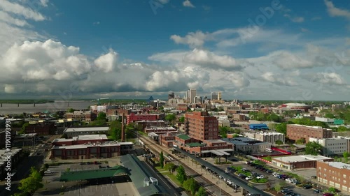 Aerial Backward Beautiful View Of Buildings By River In City On Sunny Day - Memphis, Tennessee