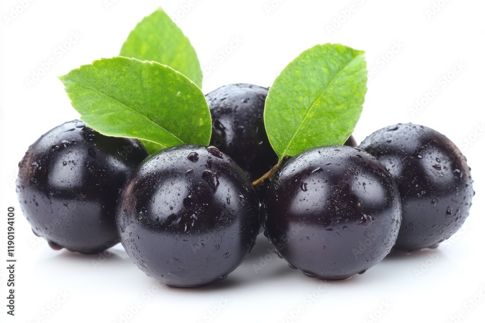 A cluster of glossy black plums adorned with vibrant green leaves, resting elegantly on a clean white surface. A cluster of glossy black plums adorned with vibrant green leaves, resting elegantly on a clean white surface.