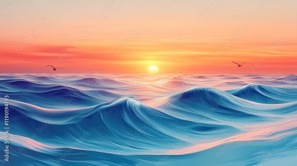 Serene ocean sunset with birds flying over calm waves. Serene ocean sunset with birds flying over calm waves.