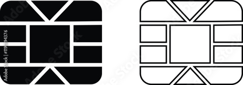 EMV chip icon set. Line, glyph and filled outline, mobile telephone Microchip for bank plastic credit or debit charge or sim card. Digital Nfc technology. Contactless payment at terminals and ATMs.