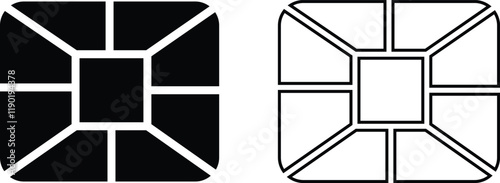 EMV chip icon set. Line, glyph and filled outline, mobile telephone Microchip for bank plastic credit or debit charge or sim card. Digital Nfc technology. Contactless payment at terminals and ATMs.