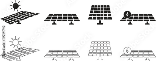 Solar system plates icon set. The main solar panel types flat and line vector of monocrystalline polycrystalline and thin film solar energy panel with Sun collection isolated on transparent background