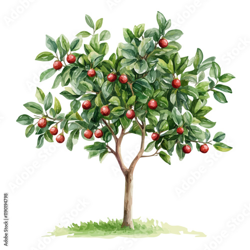 A watercolor drawing of a jujube tree, isolated on a white background. Jujube tree vector.
