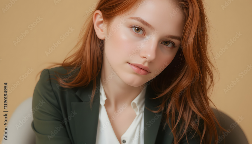 Close-up portrait of a young redhead woman with neutral expression, wearing a green blazer and white shirt. Close-up portrait of a young redhead woman with neutral expression, wearing a green blazer and white shirt.