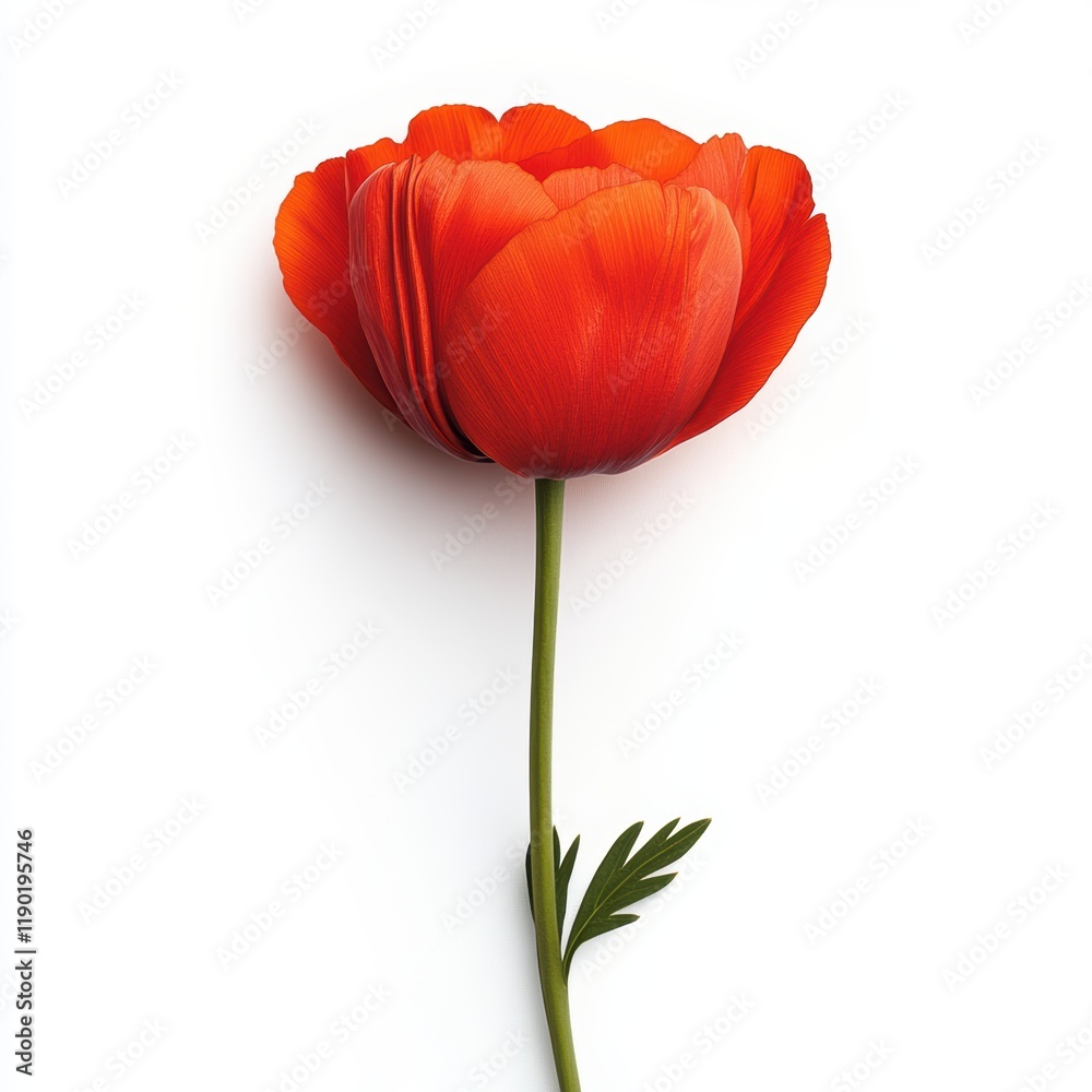 Naklejka premium A vibrant red flower stands gracefully on a slender stem against a clean white background, highlighting its beauty and simplicity.