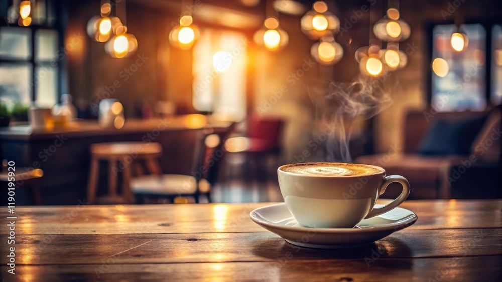 A steaming cup of coffee sits alone on a small wooden table, surrounded by the warm glow of soft lighting in a cozy coffee shop atmosphere , ambiance, lighting