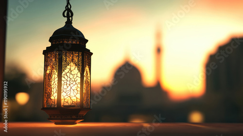 Traditional lantern with glowing light and mosque silhouette at sunset for Ramadan or Eid celebration photo