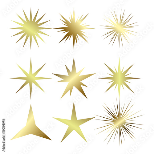 A set of nine unique golden starburst shapes, varying in size, style, and intensity. The designs range from minimal three-point stars to intricate, multi-point bursts with fine details.