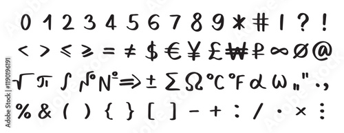Scribble black special math symbols, numbers and signs. Symbols are handwritten characters from the keyboard