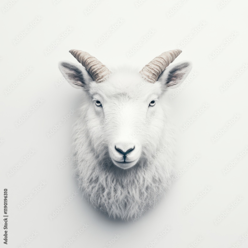 Obraz premium A mounted goat head decorates a wall, showcasing its features against a stark white background, creating a striking visual contrast.