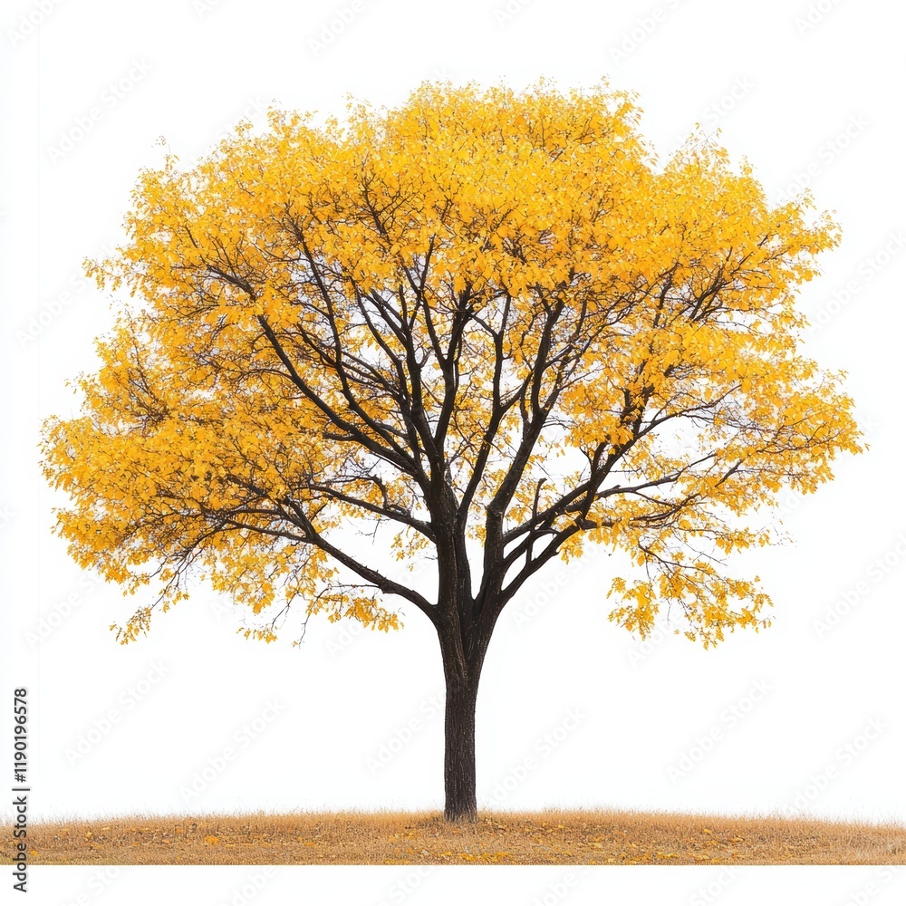 Fototapeta premium A vibrant arafed tree with striking yellow leaves stands out against a crisp white background, showcasing nature's beauty in a minimalist style.