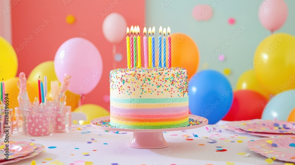 A colorful birthday cake topped with vibrant rainbow candles, surrounded by confetti and balloons on a bright party table A colorful birthday cake topped with vibrant rainbow candles, surrounded by confetti and balloons on a bright party table