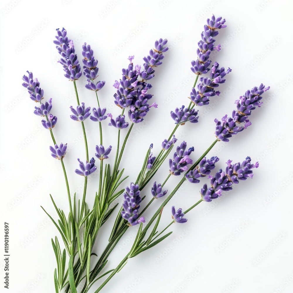 Obraz premium Delicate lavender flowers arranged on a pristine white background, showcasing vibrant blooms and slender stems with graceful simplicity.