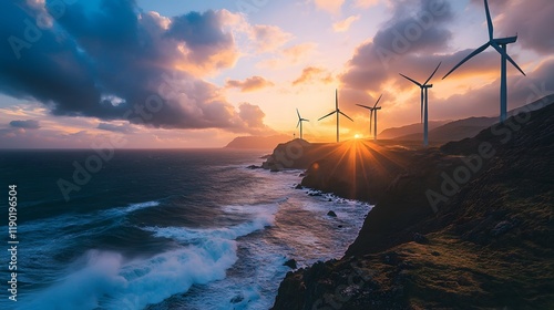 Large Scale Wind Turbines Set Against a Stunning Rugged Coastline at Sunset with Waves and Dramatic Cloudscape for Renewable Energy Imagery