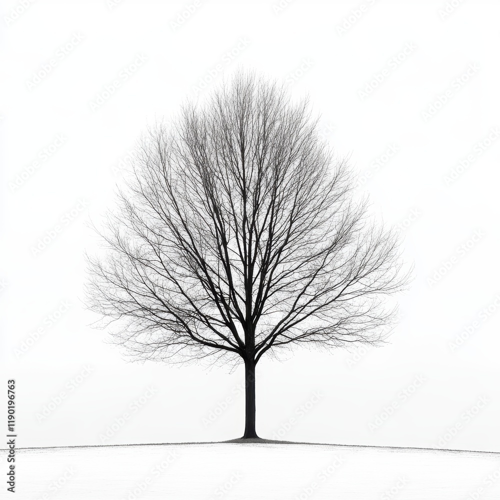 Fototapeta premium A serene winter scene featuring a bare tree amidst a snowy field, with a rustic bench inviting rest in the foreground.