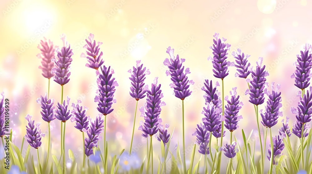 Naklejka premium Lavender Flowers Blooming In Sunlight Field