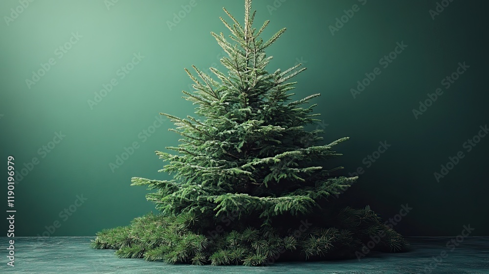 A small Christmas tree is set against a minimalist green background, ideal for product photography A small Christmas tree is set against a minimalist green background, ideal for product photography