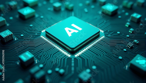 Glowing blue circuit network with an AI microchip at its center, representing advanced technological development in artificial intelligence and data processing