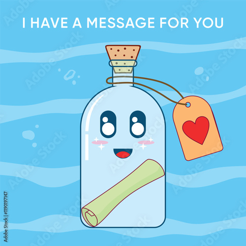 Cute design of a card representing love and cute feelings. Cartoon bottle with a love message. Love letter
