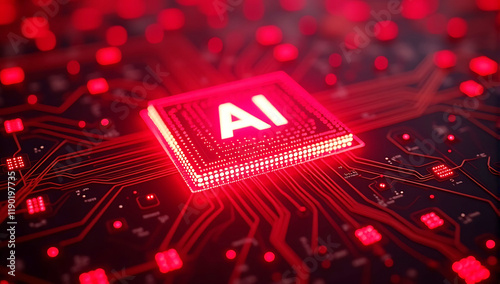Vibrant red AI microchip glowing amidst intricate circuit lines, representing the power of artificial intelligence and machine learning in technological advancements