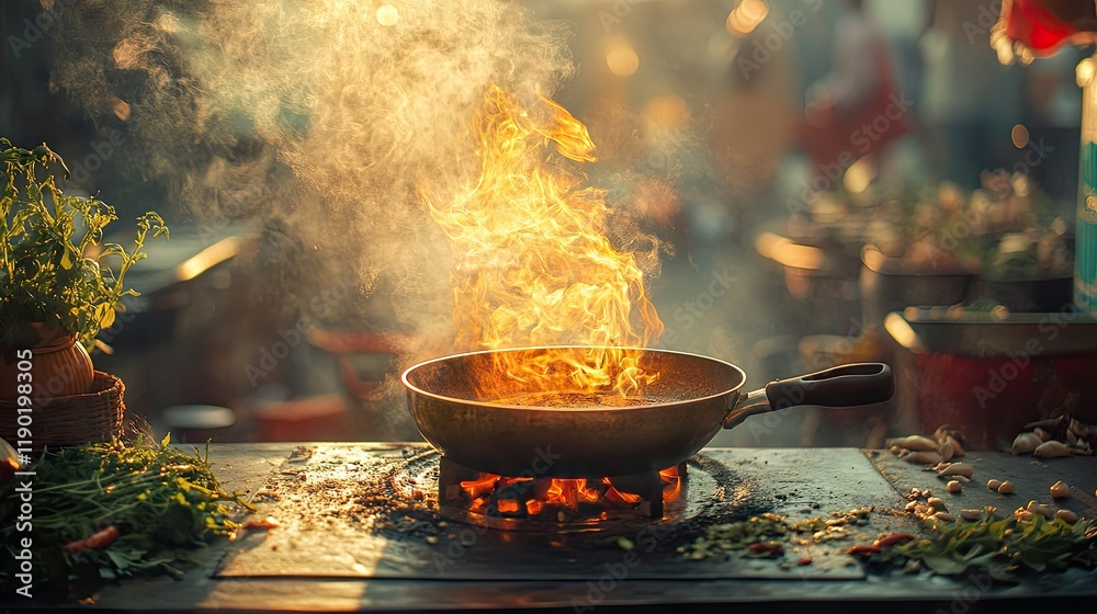 A frying pan glowing with intense flames on a portable stove, surrounded by fresh herbs and spices on a bustling city street A frying pan glowing with intense flames on a portable stove, surrounded by fresh herbs and spices on a bustling city street