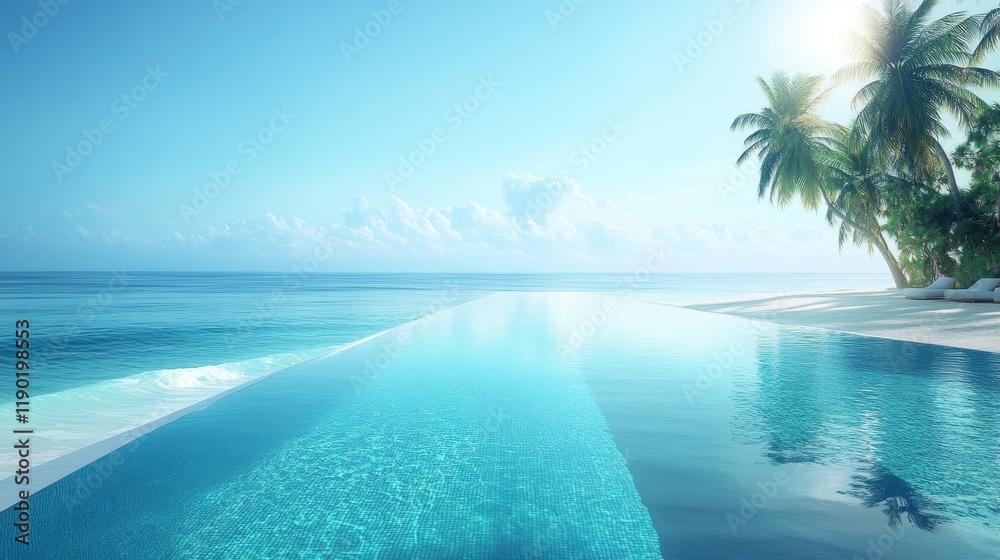 Fototapeta premium Tranquil Infinity Pool Overlooking Serene Ocean and Palm Trees