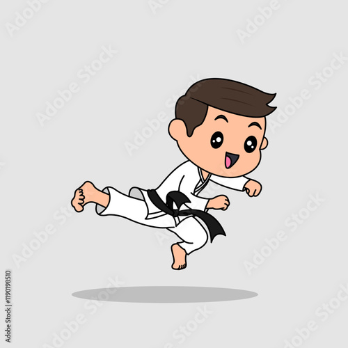 Vector design of cute little kid training and showing karate pose