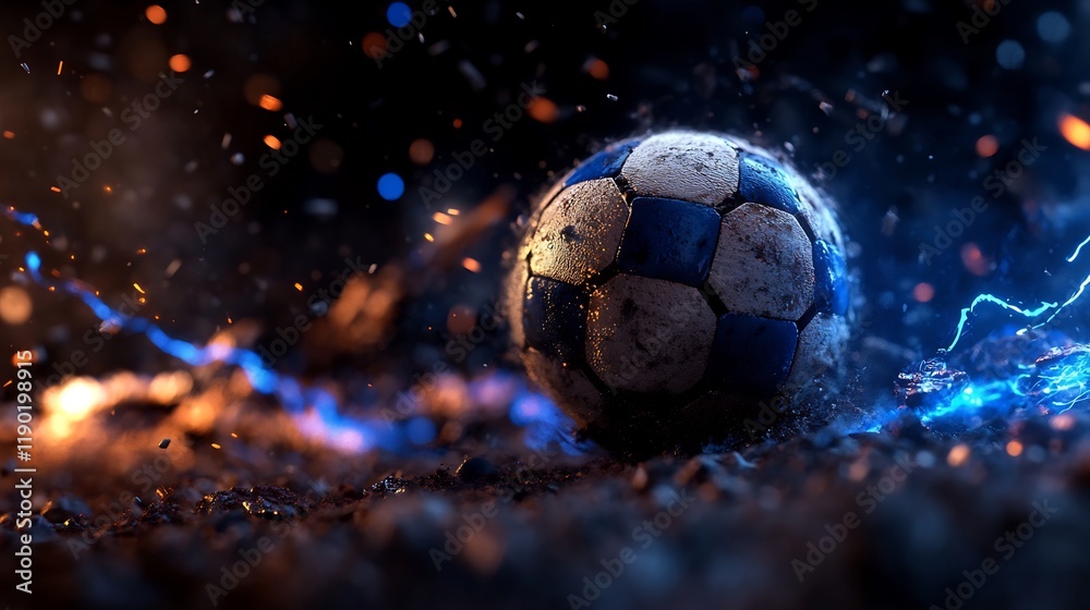 Fototapeta premium Fiery Football Showdown: A Dramatic Close-Up of a Worn Soccer Ball Amidst Sparks and Blue Energy