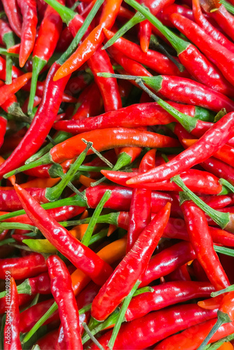 Fresh red chili peppers top view, culinary delight for spice lovers. Organic spices, hot spicy cooking ingredients, vertical food background.
