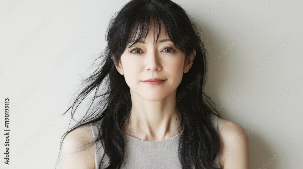 Beautiful woman with long dark hair against a light background Beautiful woman with long dark hair against a light background