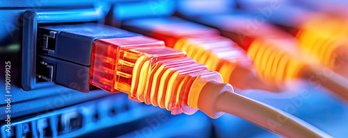 Close-up of colorful Ethernet cables connected to a network switch, emphasizing technology and connectivity. photo