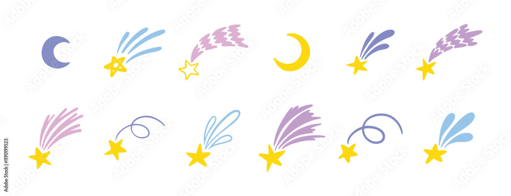 Obraz premium shooting stars doodle set. stars and moon isolated vector childish naive hand drawn cartoon illustration