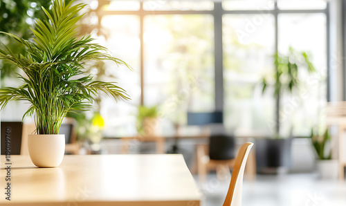 Modern Office Space with Focus on Desk and Indoor Plants Decor for prodcut display and copy space photo