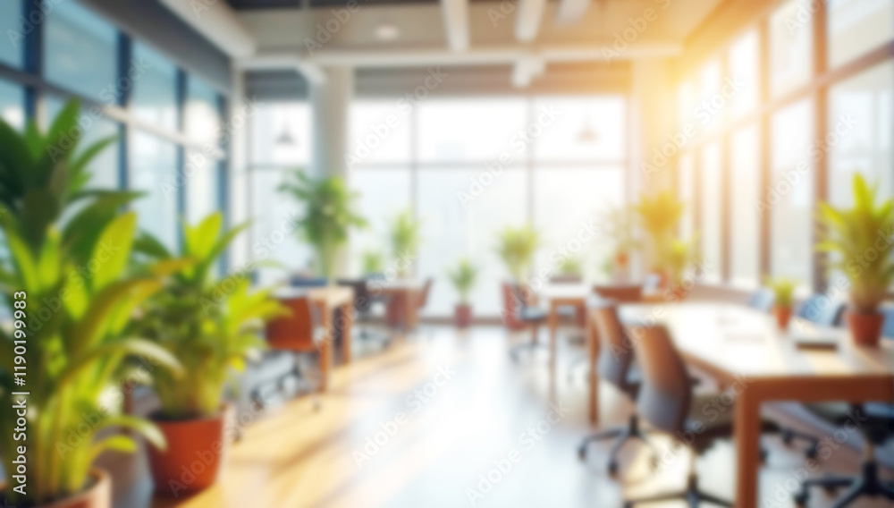 Fototapeta premium Spacious open blured office with green plants, sunlight, and modern furniture, designed for collaborative and eco-friendly business themes
