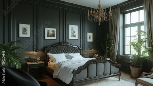 Elegant vintage bedroom with dark walls and classic design elements