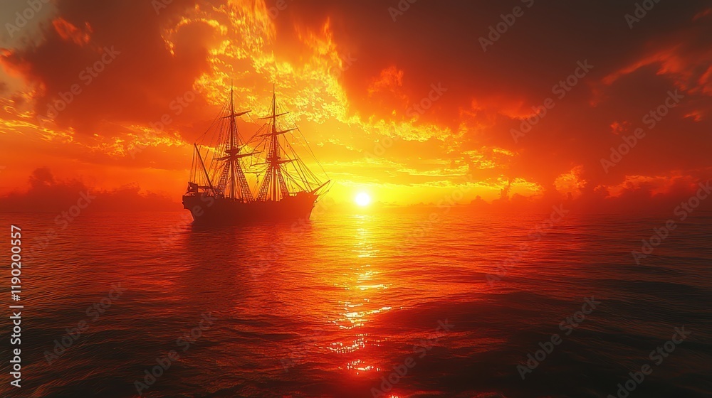 Fototapeta premium An oil rig silhouetted against a fiery sunset.