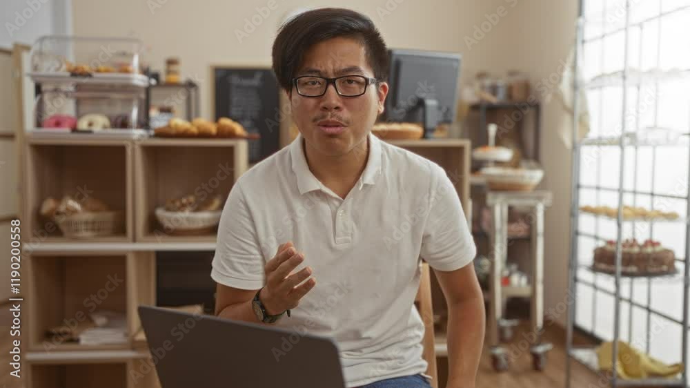 Young man speaking to the camera in a cozy bakery shop with a variety of baked goods in the background. Young man speaking to the camera in a cozy bakery shop with a variety of baked goods in the background.