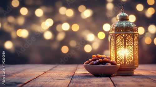 Ornate lantern with glowing light and a bowl of dates on a wooden table with golden bokeh background photo