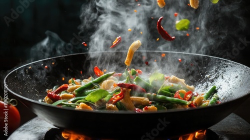 A lively stir-fry of colorful ingredients like snow peas, baby corn, and red chilies tossed in the air above a steaming wok pan photo