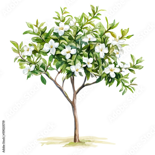 A watercolor illustration of a jasmine tree, isolated on a white background. Jasmine tree vector.
