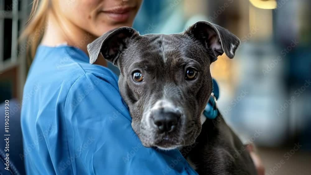 A female nurse in blue scrubs, holding a dark grey pitbull with a white chest and black ears in her arms at the hospital A female nurse in blue scrubs, holding a dark grey pitbull with a white chest and black ears in her arms at the hospital