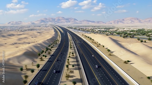Asphalt Road Through Saudi Desert: Connecting Urban Areas, Sand Dunes, and Dry Landscapes