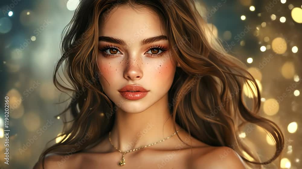 close up pretty woman face with gold bokeh light, festive confident glamour look