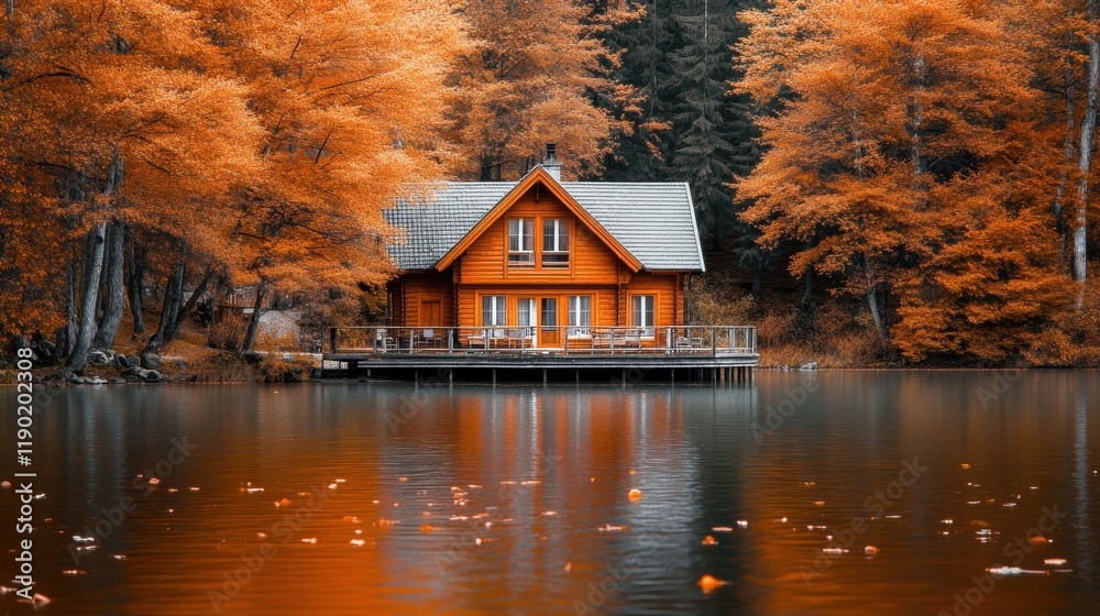 Fototapeta premium Serene Wooden Cabin Among Vibrant Autumn Trees by Tranquil Lake