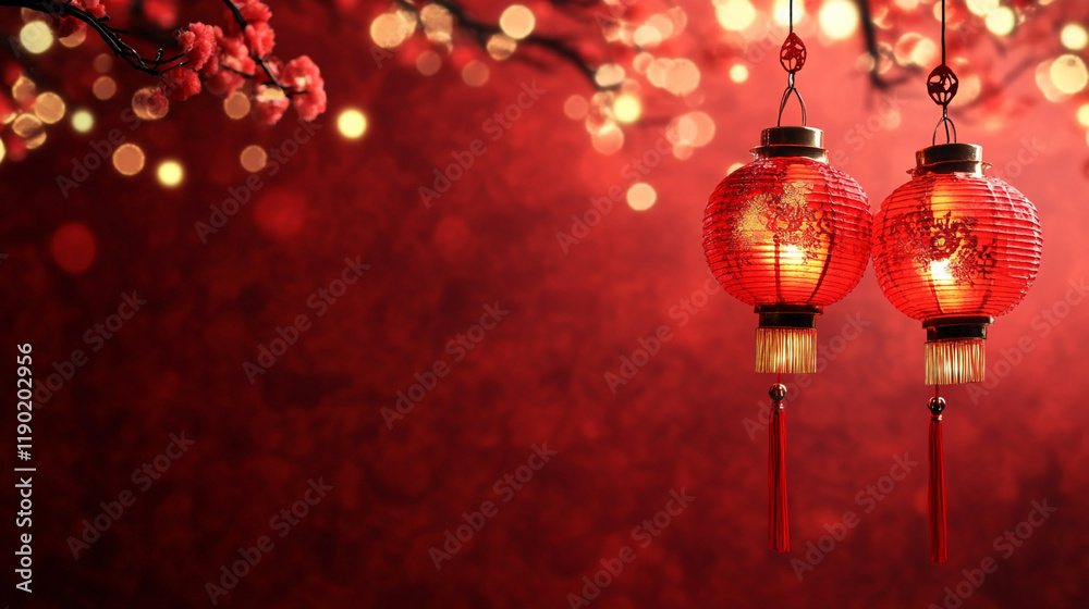 Capture the essence of Lunar New Year with traditional red lanterns glowing brightly against a vivid red festive background Capture the essence of Lunar New Year with traditional red lanterns glowing brightly against a vivid red festive background