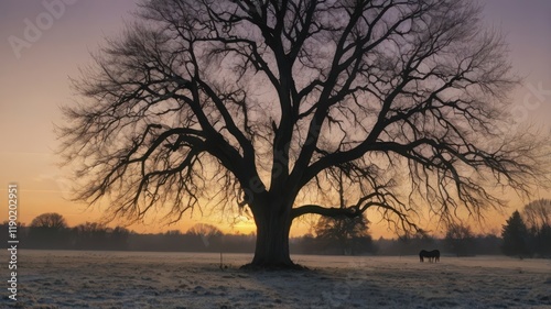 A serene landscape with foggy sunrise and sunset over a snowy lake, featuring silhouettes of trees and a beautiful reflection on the water