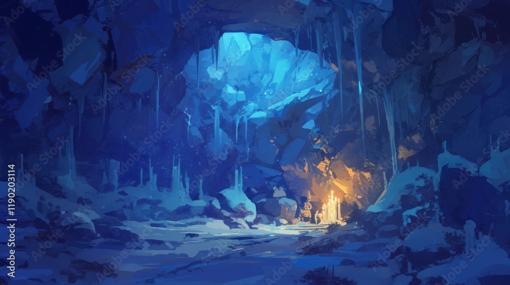 Ice cave illuminated by candlelight, warm glow contrasting with cold surroundings, cozy atmosphere Ice cave illuminated by candlelight, warm glow contrasting with cold surroundings, cozy atmosphere