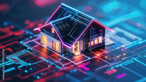 Futuristic House Model on Digital Blueprint with Neon Lights Effects