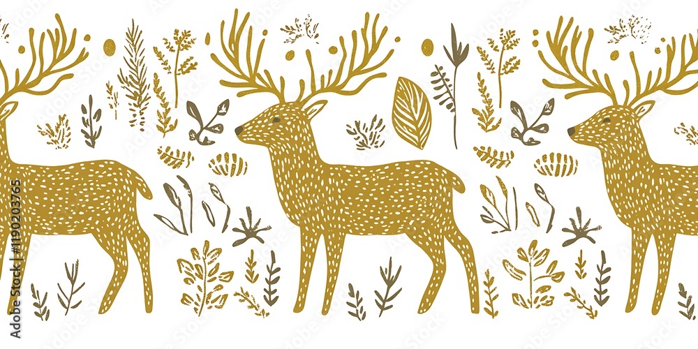 Obraz premium Golden deer winter forest pattern, holiday design
